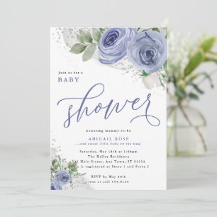 Invitation Baby shower, bleu et argent Fleurs aquarelles