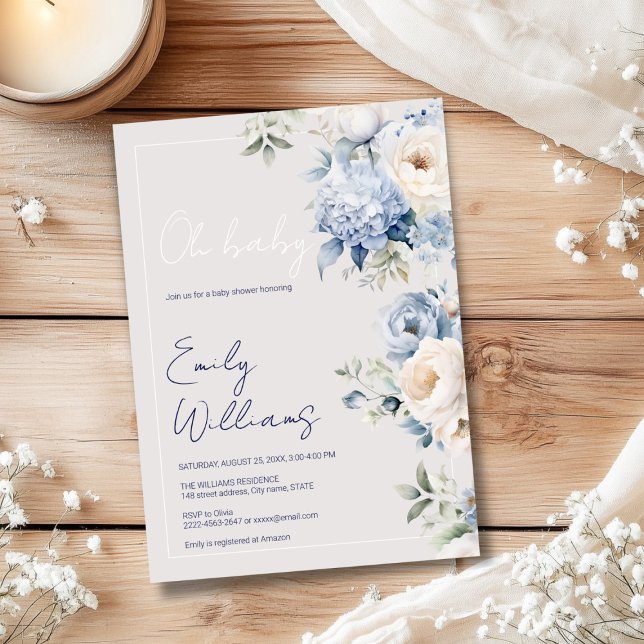 Invitation Baby shower bleu et beige Dusty (Oh baby baby shower invitation with blue and white rises and peonies )