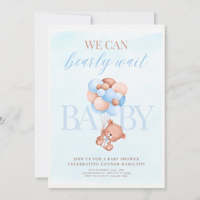 Invitation Baby shower bleu et Brown (Devant)