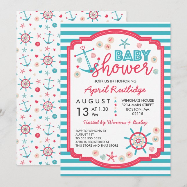 Invitation Baby shower bleu et framboise rouge nautique (Devant / Derrière)