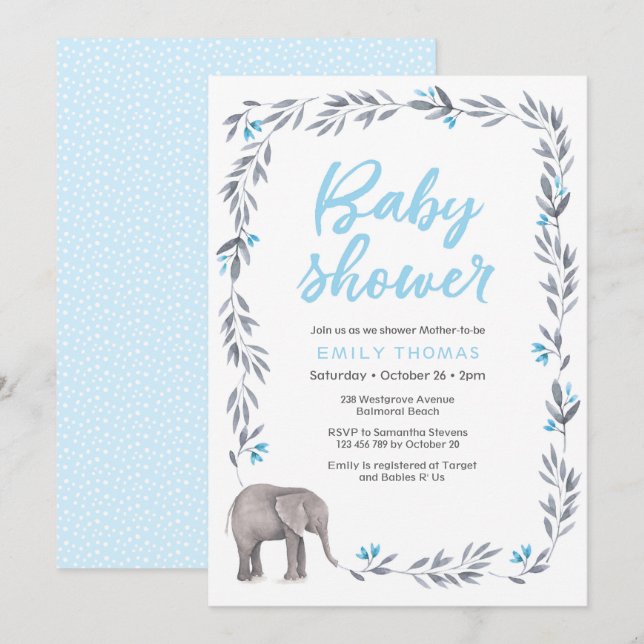 Invitation Baby shower bleu et gris éléphant (Devant / Derrière)