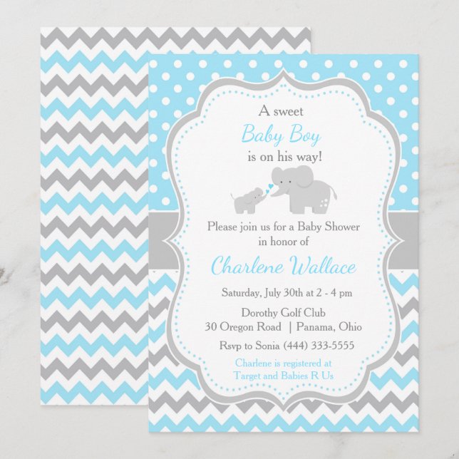 Invitation Baby shower bleu et gris éléphant (Devant / Derrière)