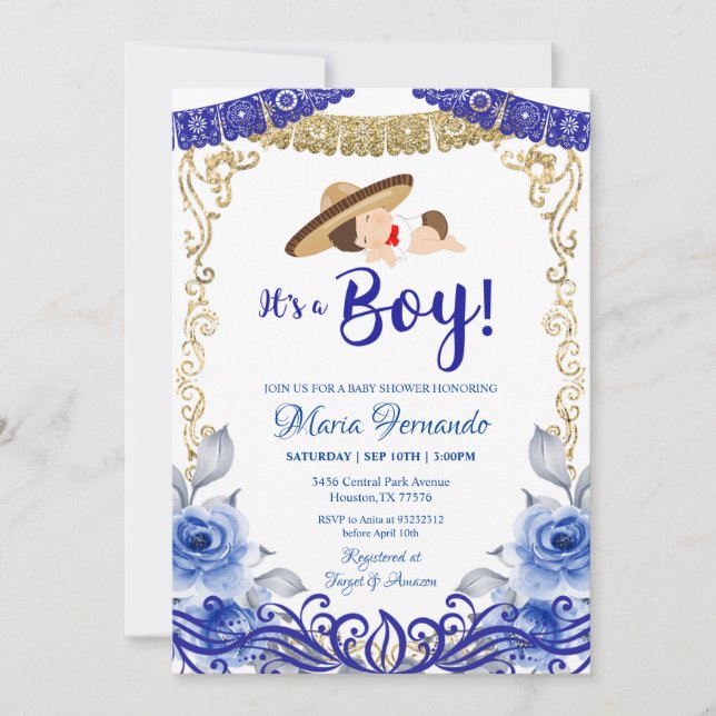Invitation Baby shower bleu et or mexicain (Devant)