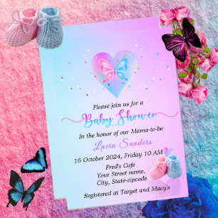 Invitation Baby shower Bleu et Papillon rose enchanteur