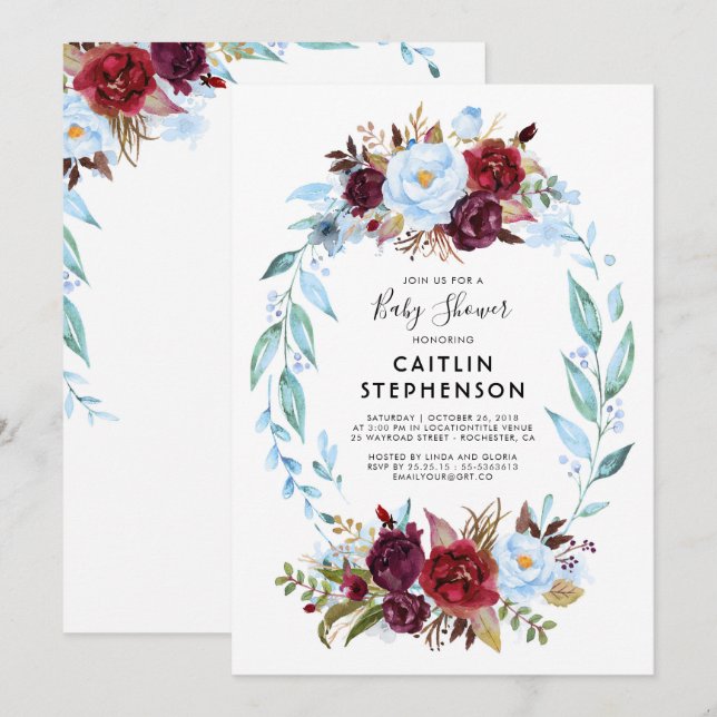 Invitation Baby shower bleu et rouge bordeaux (Devant / Derrière)