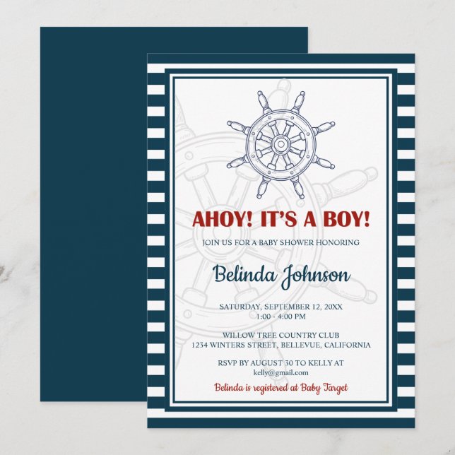 Invitation Baby shower bleu et rouge marine (Devant / Derrière)