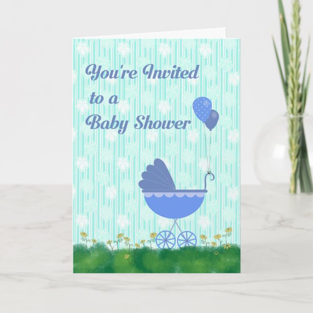 Invitation baby shower bleu et vert avec transport (Devant)