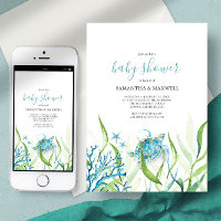 Invitation Baby shower bleu et vert de la tortue d