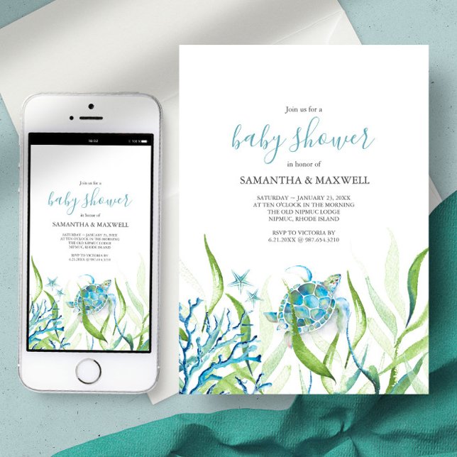 Invitation Baby shower bleu et vert de la tortue d (Baby shower invitation under the sea turtle watercolor art Victoria Grigaliunas of Do Tell A Belle)