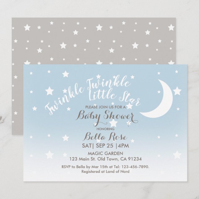 Invitation Baby shower bleu étoile scintillant (Devant / Derrière)