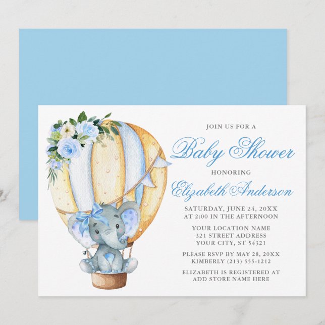 Invitation Baby shower Bleu Floral Balloon Elephant Bow (Devant / Derrière)