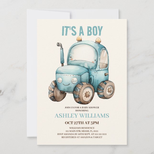 Invitation Baby shower Bleu Garçon tracteur (Devant)