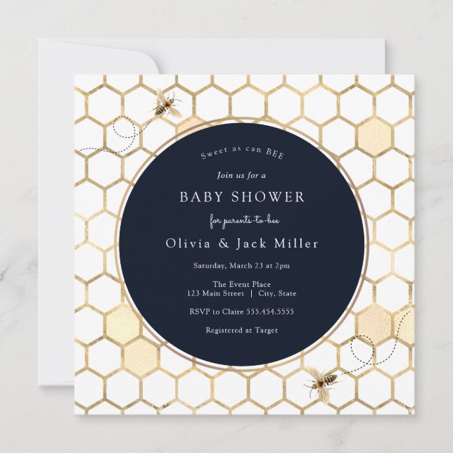 Invitation Baby shower bleu Golden Bee Navy (Devant)