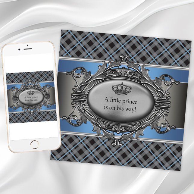 Invitation Baby shower bleu gris (Blue and gray plaid baby shower invitation. Add your text to the front and back.)