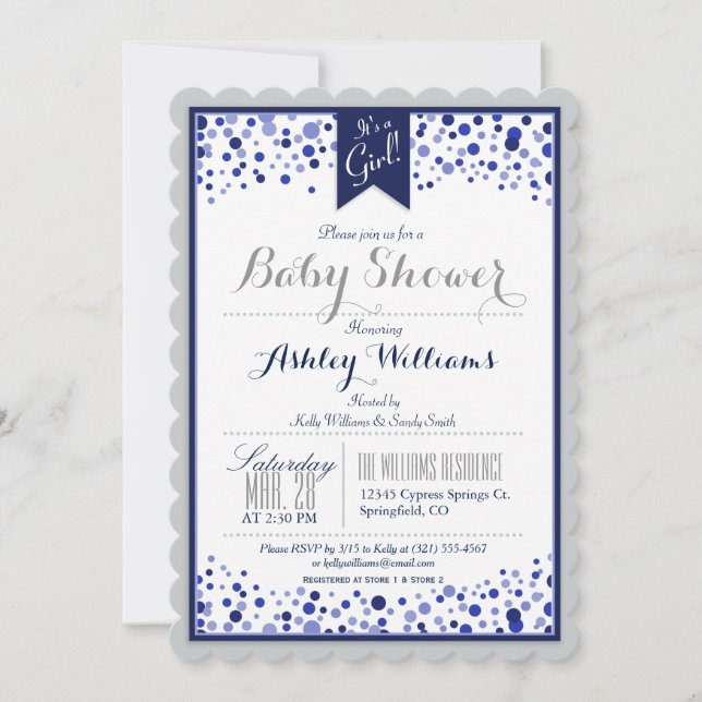 Invitation Baby shower bleu gris, argent, blanc et marine (Devant)