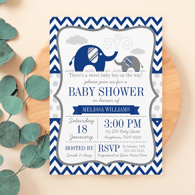 Invitation Baby shower bleu gris de la marine éléphante (Créateur téléchargé)