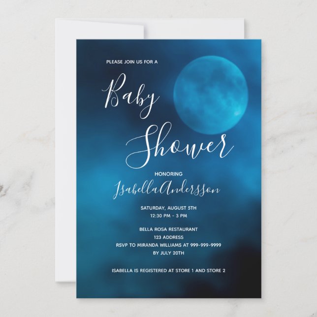 Invitation Baby shower bleu lune typographie neutre (Devant)