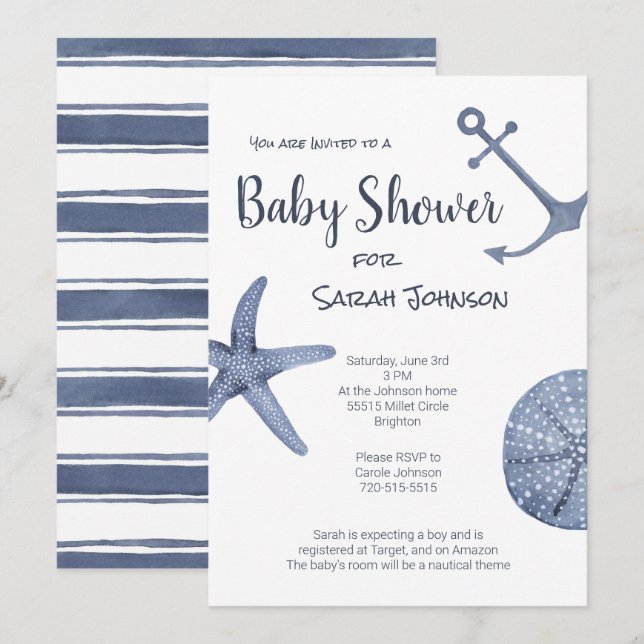 Invitation Baby shower bleu marine (Devant / Derrière)
