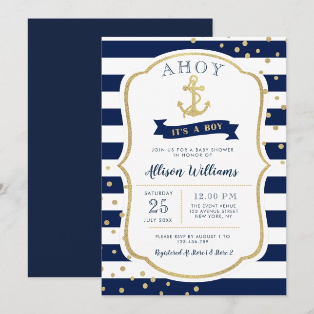 Invitation baby shower bleu marine (Devant / Derrière)