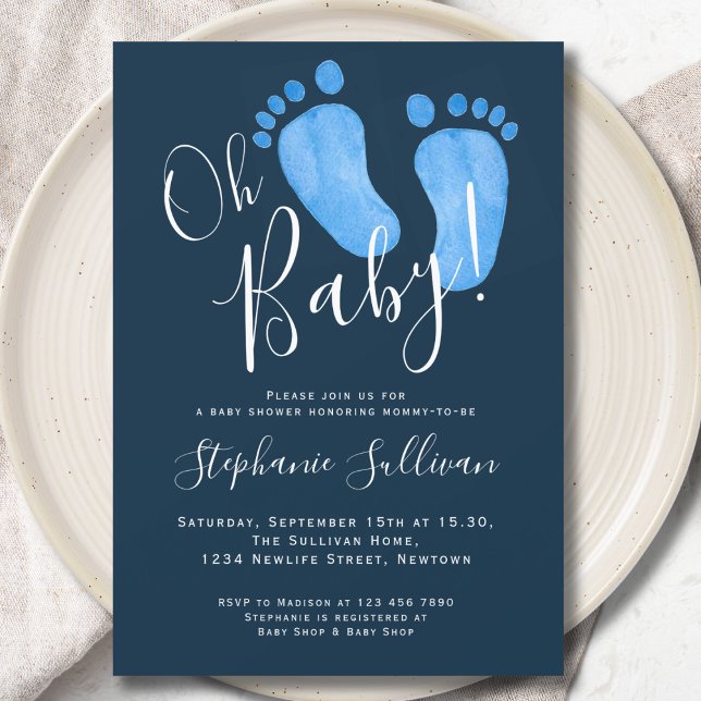 Invitation Baby shower bleu marine Oh Baby Boy moderne (Créateur téléchargé)