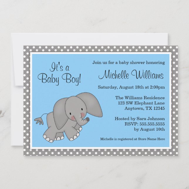 Invitation Baby shower bleu mignon de garçon d'éléphant (Devant)