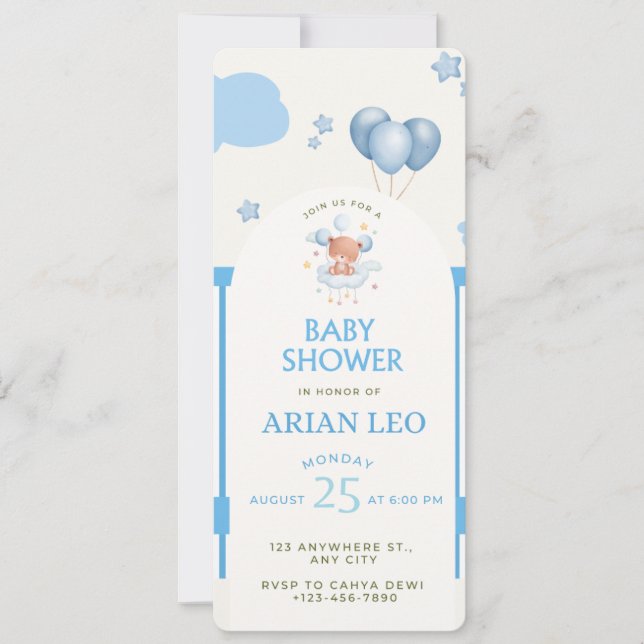 Invitation Baby shower bleu - Modèle modifiable (Devant)