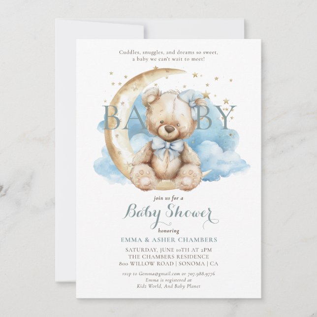 Invitation Baby shower bleu moderne Teddy Bear Moon Stars (Devant)