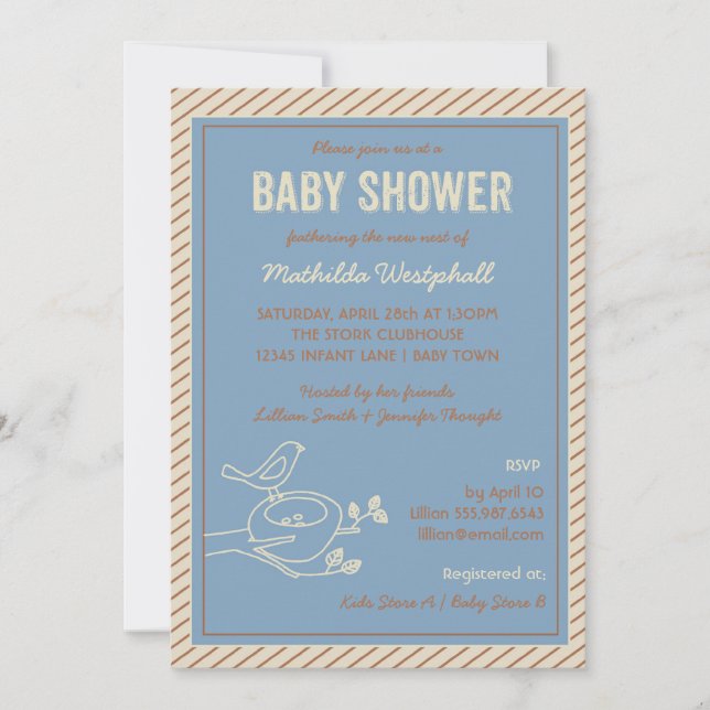 Invitation Baby shower bleu nid d'oiseaux (Devant)