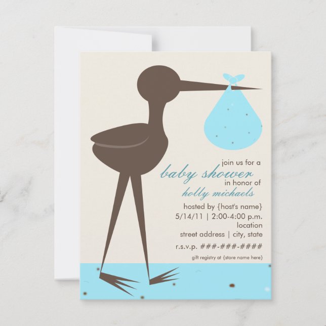 Invitation Baby shower bleu oeuf de Robin à cigogne sophistiq (Devant)
