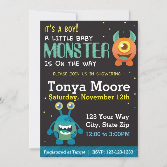Invitation Baby shower bleu petit monstre (Devant)