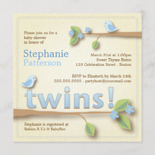 Invitation Baby shower Bleu pour les bonbons Birdie Twin Boys