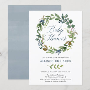 Invitation baby shower bleu poussiéreux et vert neutre pour l