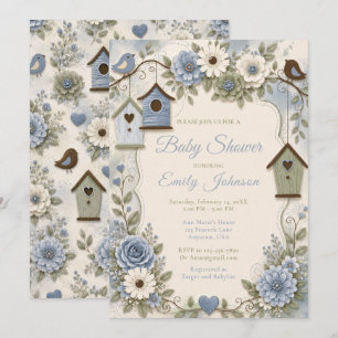 Invitation Baby-Shower Bleu Poussiéreux et Vert Sauge
