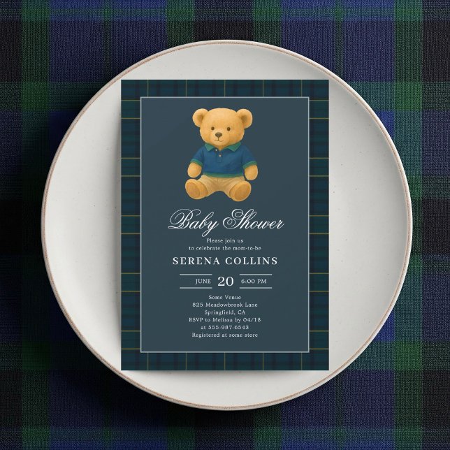 Invitation Baby shower bleu Preppy Teddy Bear (Créateur téléchargé)
