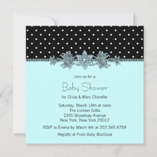 Invitation Baby Shower Bleu Sarcelle à pois noirs