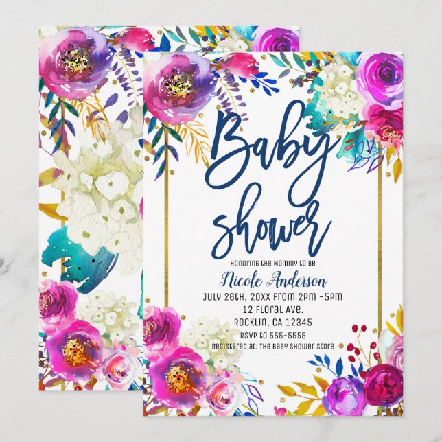 Invitation Baby shower Bleu Script Bold Aquarelle Floral (Devant / Derrière)