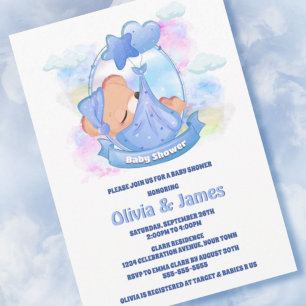 Invitation Baby shower bleu Teddy Bear Balloons