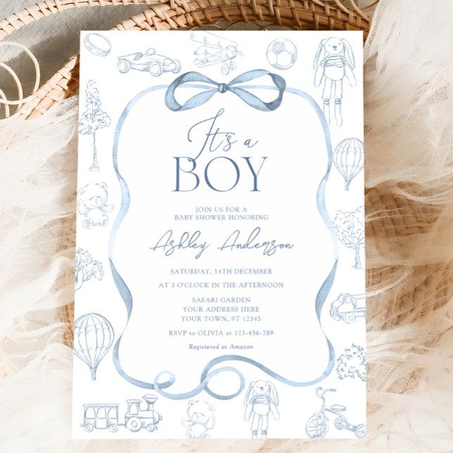 Invitation Baby shower Bleu Toile De Jouy (Créateur téléchargé)