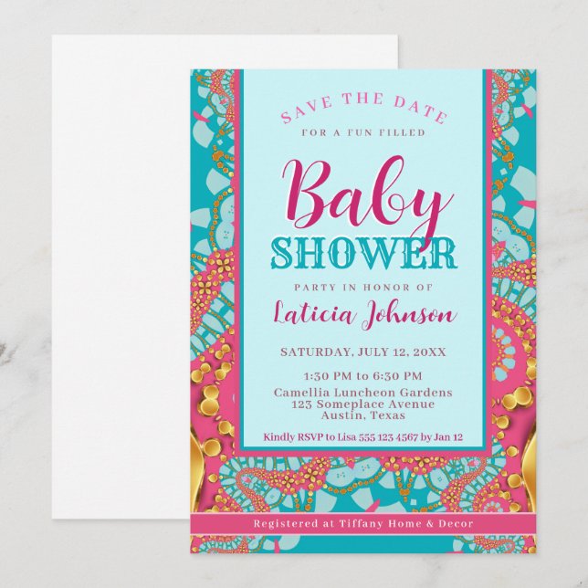 Invitation Baby shower ・ Bleu Turquoise et rose Moderne Abstr (Devant / Derrière)