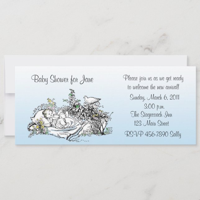 Invitation Baby shower bleu vintage (Devant)