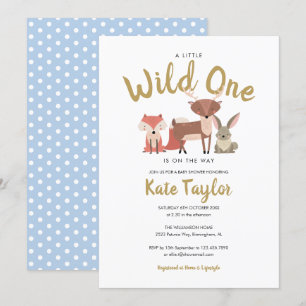 Invitation Baby shower bleu Wild One Woodland Animaux