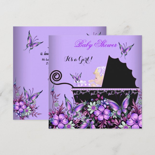 Invitation Baby shower Blonde fille Blonde Papillon pourpre (Devant / Derrière)