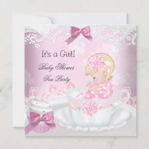Invitation Baby shower Blonde Girl rose Baby Teacup Cupcake