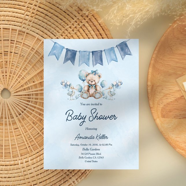 Invitation Baby shower Blue Baby Bear & Balloons (Créateur téléchargé)