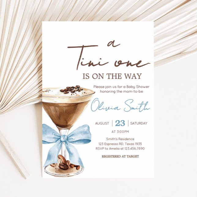 Invitation Baby shower Blue Bow Espresso Martini (Blue Bow Tini One Espresso Martini Baby Shower Invitation)