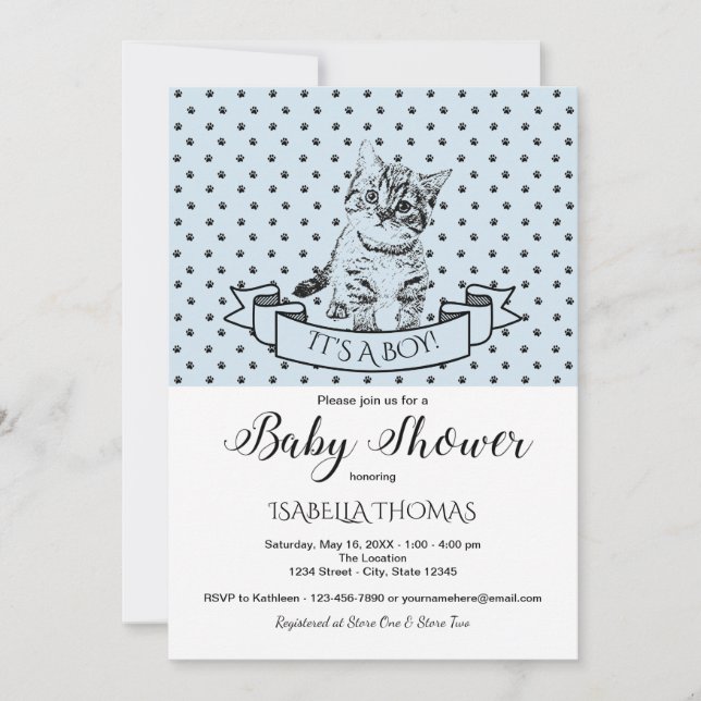 Invitation Baby shower Blue Cute Kitten (Devant)