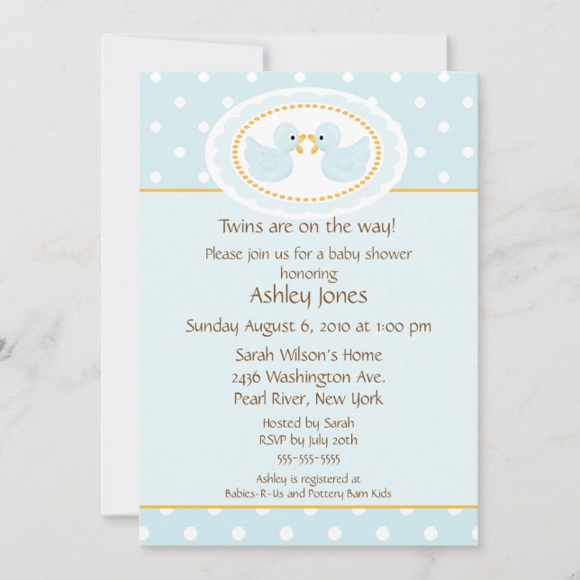 Invitation Baby shower Blue Ducks Twins (Devant)