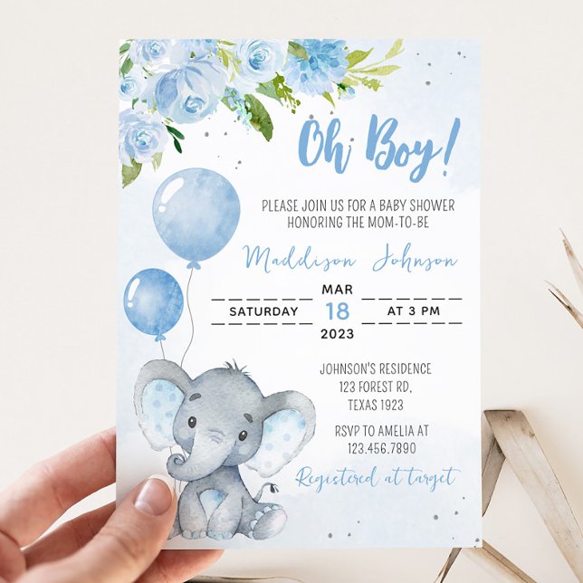 Invitation Baby shower Blue Elephant (Blue Floral Elephant Baby Shower Invitation)