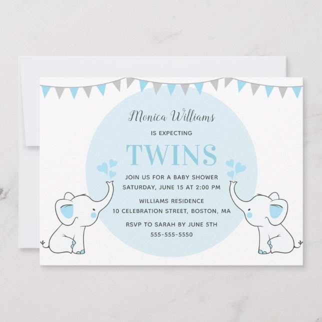 Invitation Baby shower Blue Elephant | Baby shower Boy Twins (Devant)