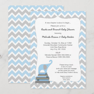 Invitation Baby shower Blue Elephant Book, livres et brunch